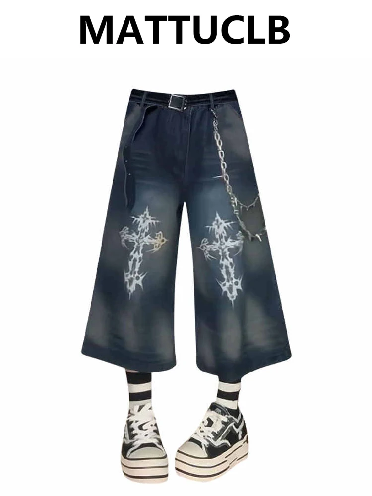 

Summer Women Wide Leg Cross Denim Jorts Shorts Harajuku Trashy Y2k 2000s Jean Pants Japanese Grunge Abi Goth Calf-Length Pants