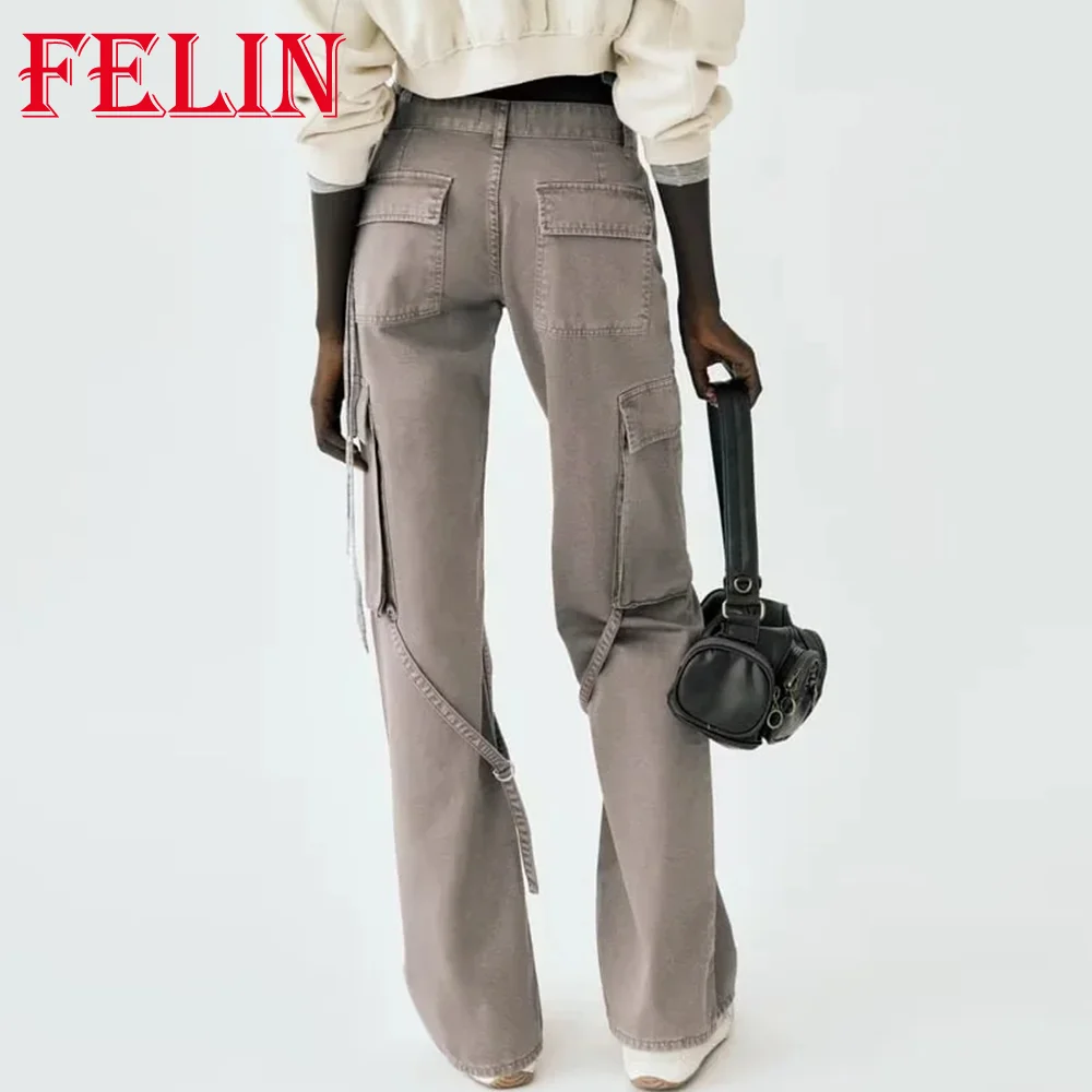 TRAF 2023 Autumn Women High Street Cargo Long Pants Pockets Wide Leg Pants Streetwear Loose Safari Style Fashion Female Trousers