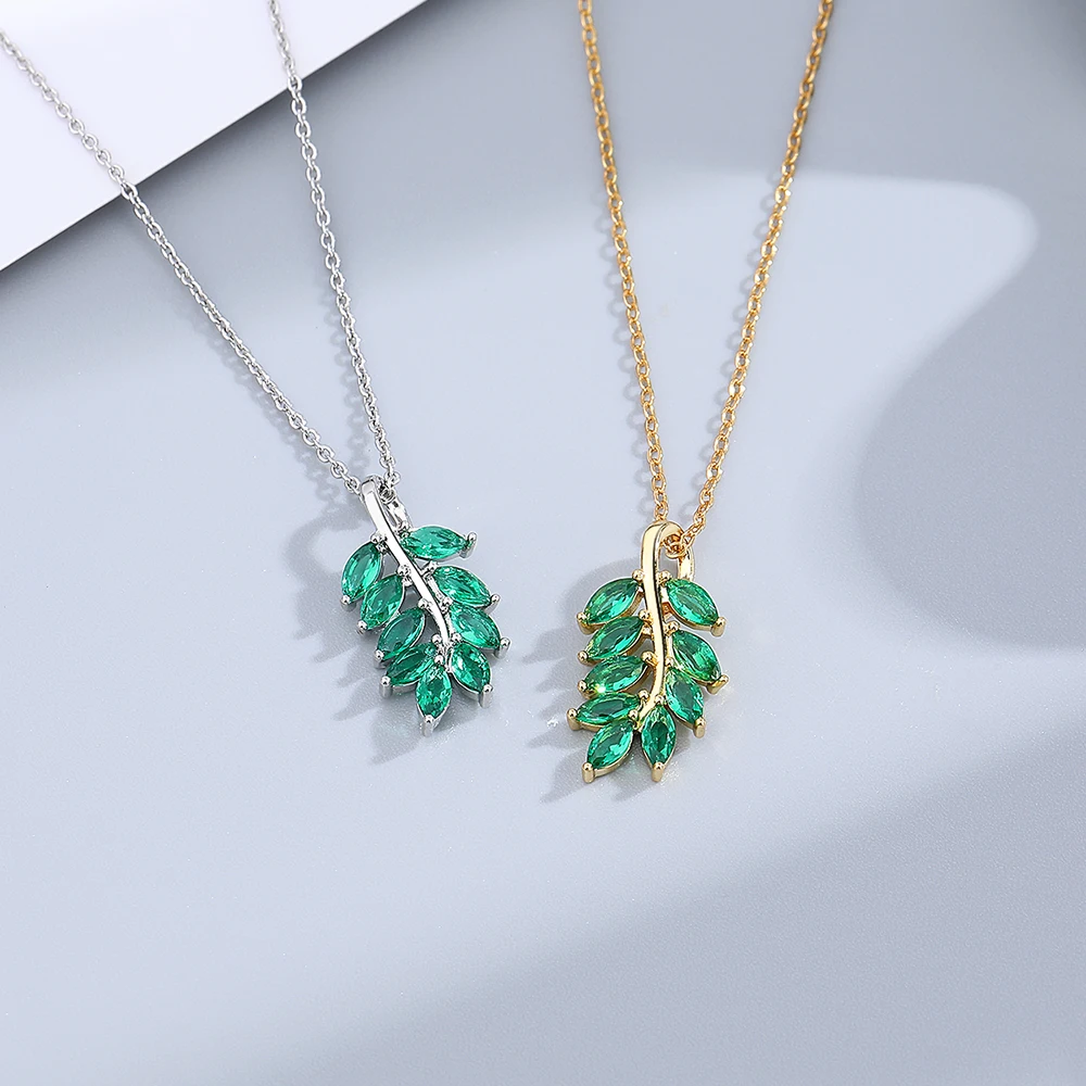 Emerald Zircon  Pendant Necklace 925 Silver Green Leaf Shaped Neck Chain Fine Jewelry Women Party Necklace