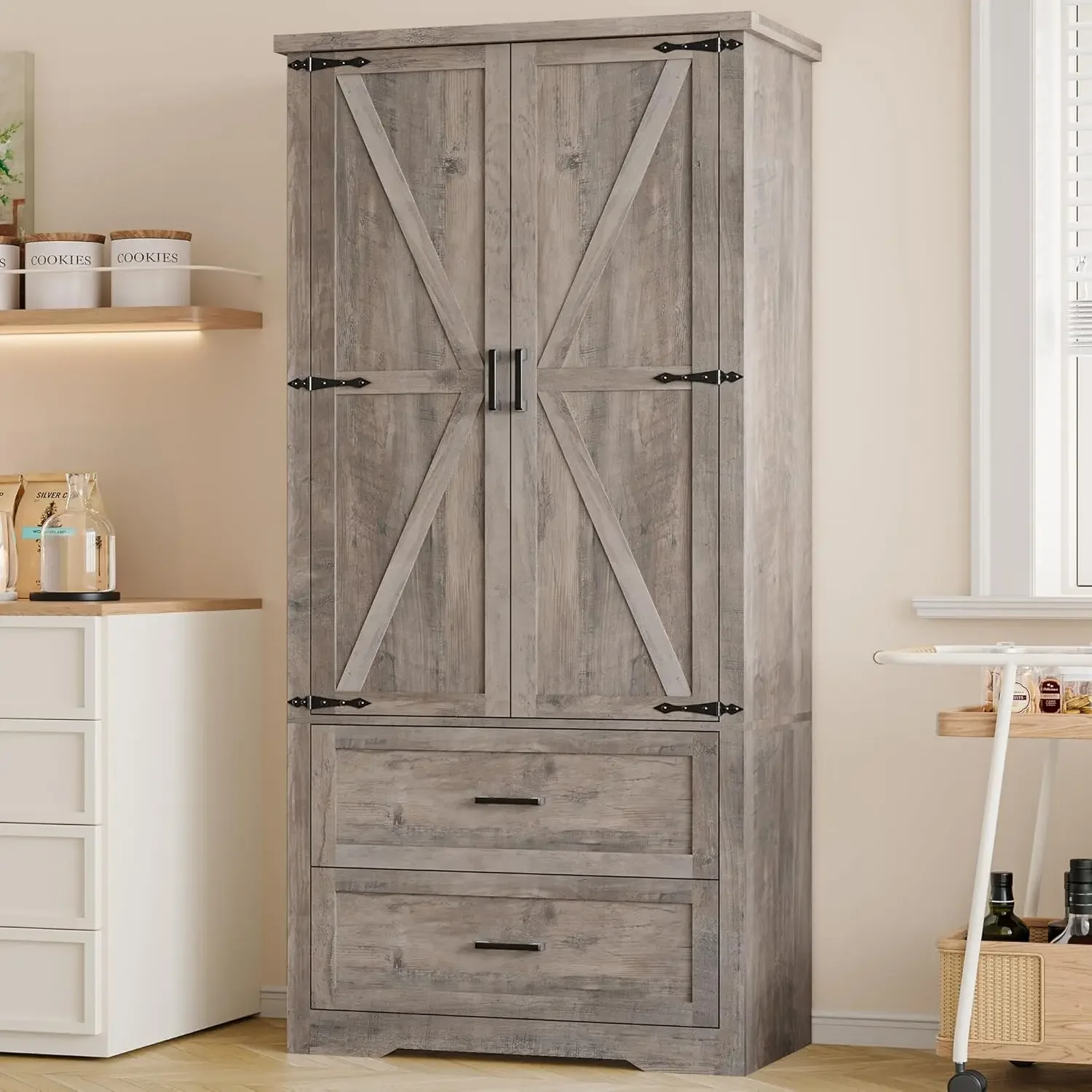 Pantry Organizers and Storage Cabinet, 71” Barn Door White Kitchen Cabinet with Drawers and
