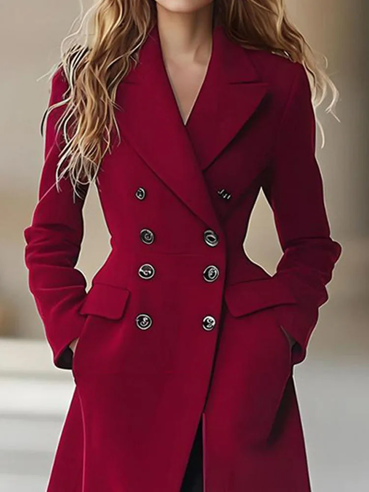 

Fashion Double Breasted Solid Slim Midi Coats Casual Long Sleeve Commuting Jackets Autumn Winter Elegant Lapel Lapel Outerwear