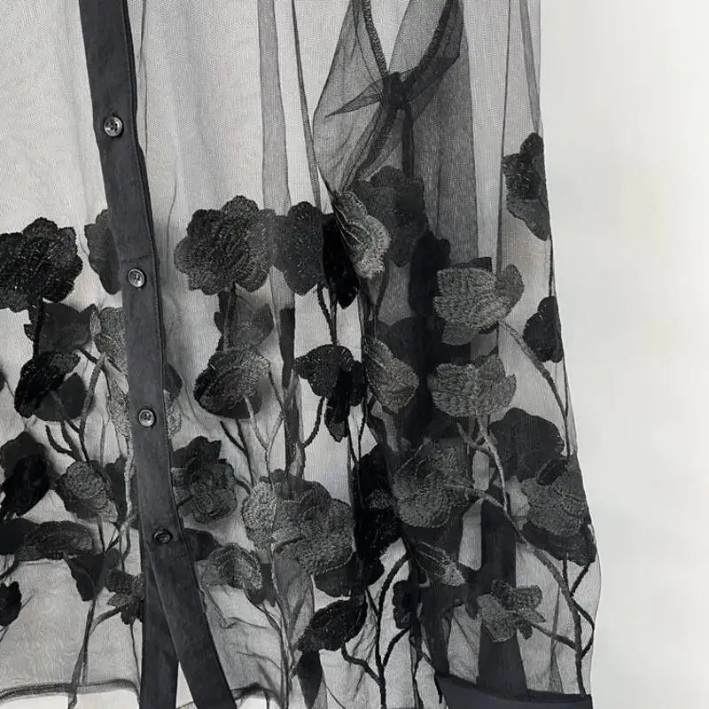 WVGA صيف جديد الرجال المد التطريز بقماش شفاف الطبقات شخصية قمصان طويلة الأكمام المتخصصة تصميم شيك قميص غير رسمي Ins W8066