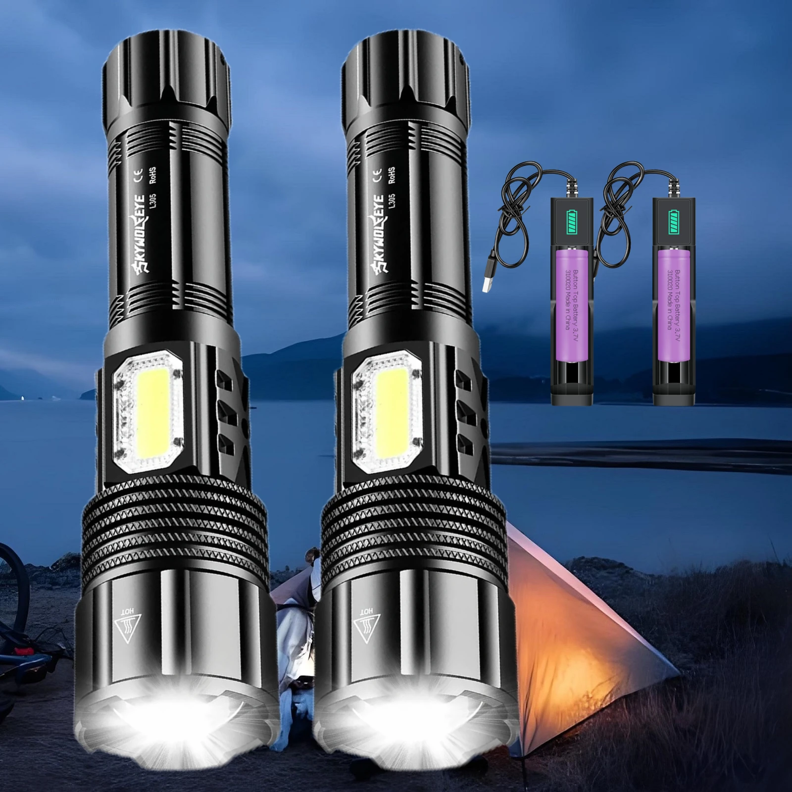 Skywolfeye 2 Pack High Lumens LED Flashlights Rechargeable USB Torch with COB Light 5 Modes for Camping Night Fishing