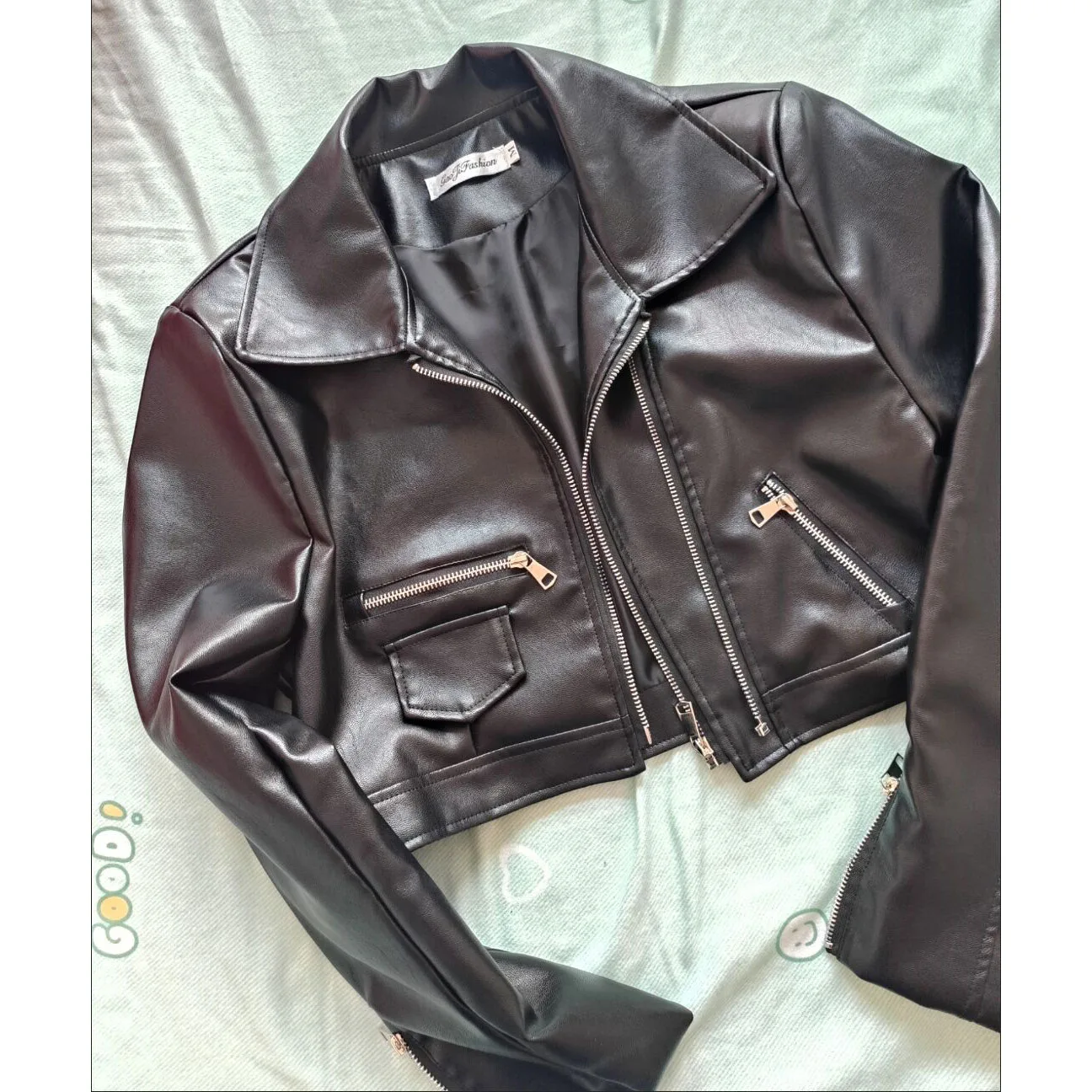 سيدة الموضة جلدية قصيرة الإناث مزدوجة سستة جلدية الخريف المرأة معطف جلد صناعي #3