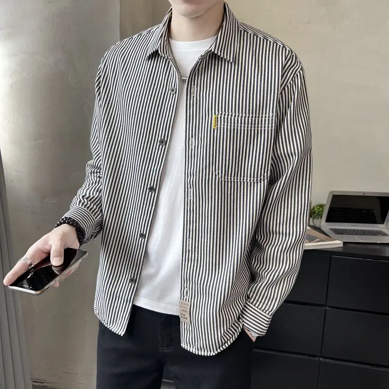 

2024 Men's Spring Autumn New Spliced Square Collar Button Pocket Stripe Fashion Minimalist Casual Loose Long Sleeve Shirts