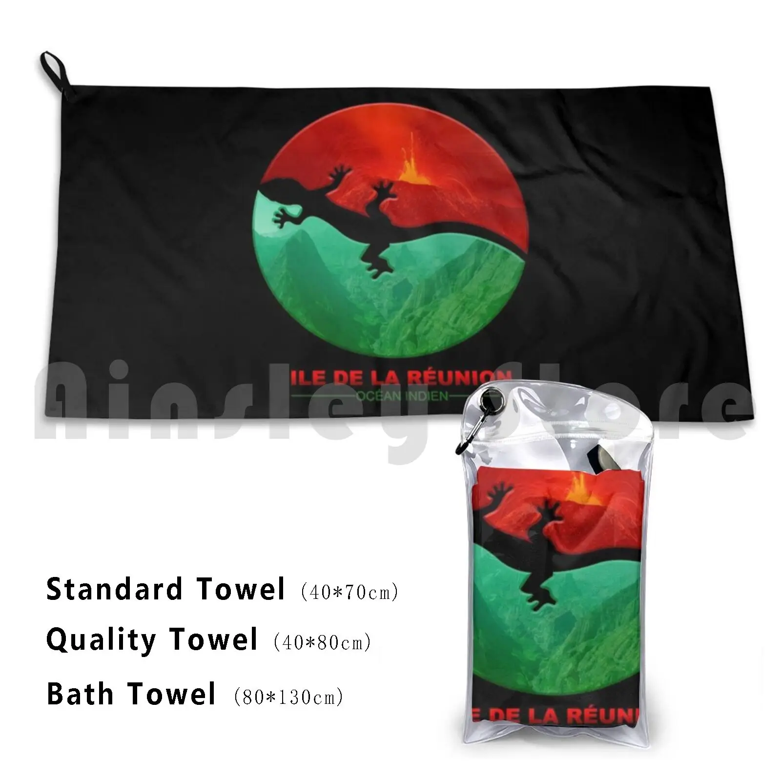 Margouillat Red Volcano And Green Nature Bath Towel Beach Cushion 974 Logo 974 Reunion Island Reunionese Creole