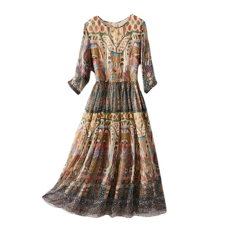 Mulberry Silk Dress for Women, Boho Dress, Abstractionism Printing, O Neck, Half Sleeve, Elastic Waist, Midi Dresses 28019