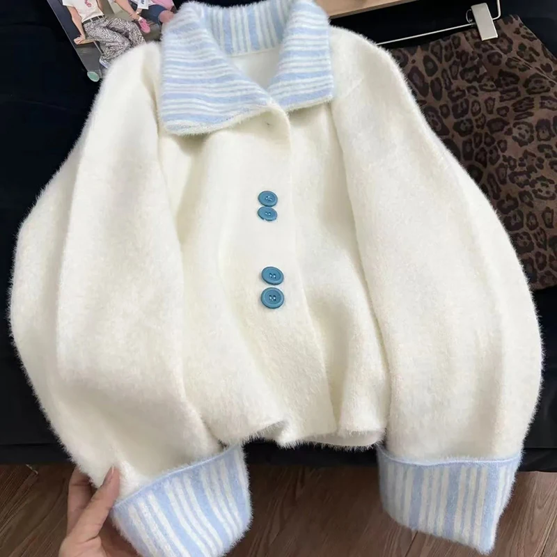 

Korean Sweet Knit Cardigan Women Lazy Wind Striped Patchwork Button Sweater Long Sleeve Soft Fall Winter Loose Casual Chic Tops