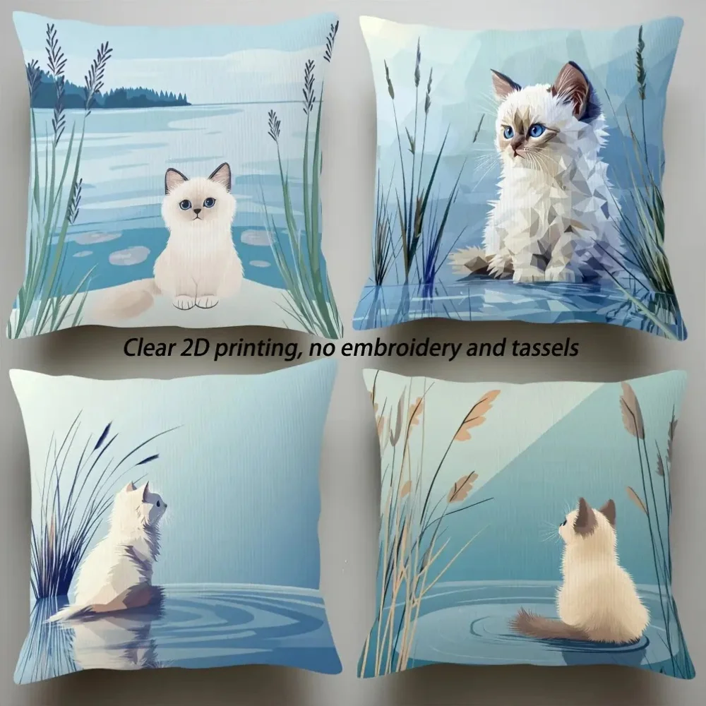 4pcs Cat Lake View Design digital printing pillow cover Short plush Suitable living rooms bedrooms sofas throw cushion cover