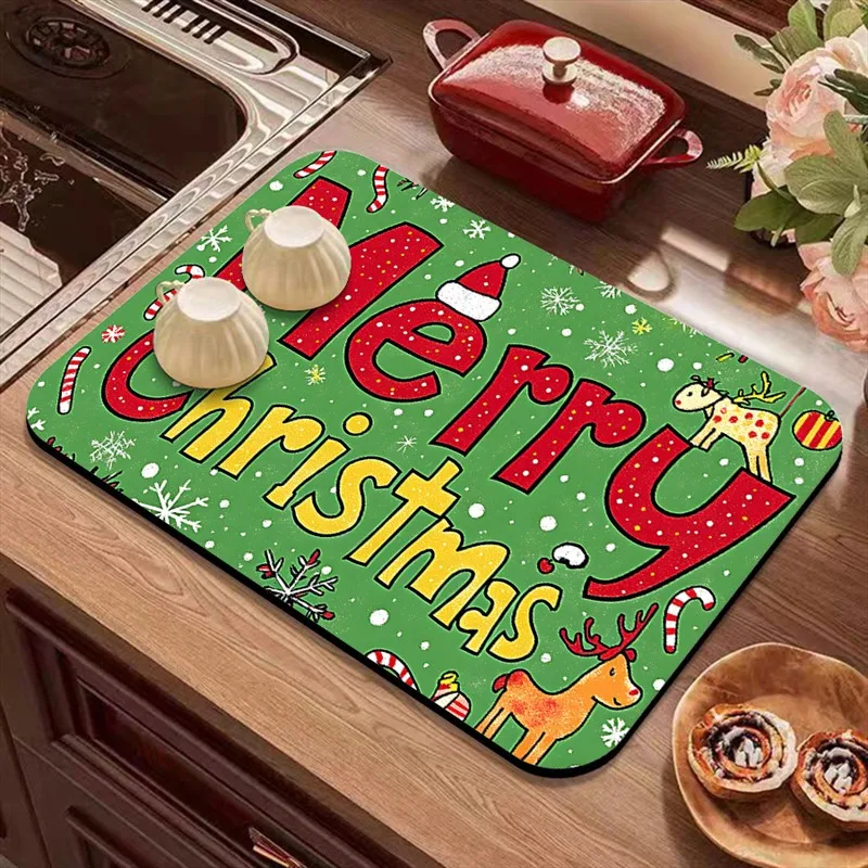 VIKAMA Diatomite Drying Mat, Super Absorbent Quick Dry Non-Slip Kitchen Counter Merry Christmas Reindeer Candy Cane