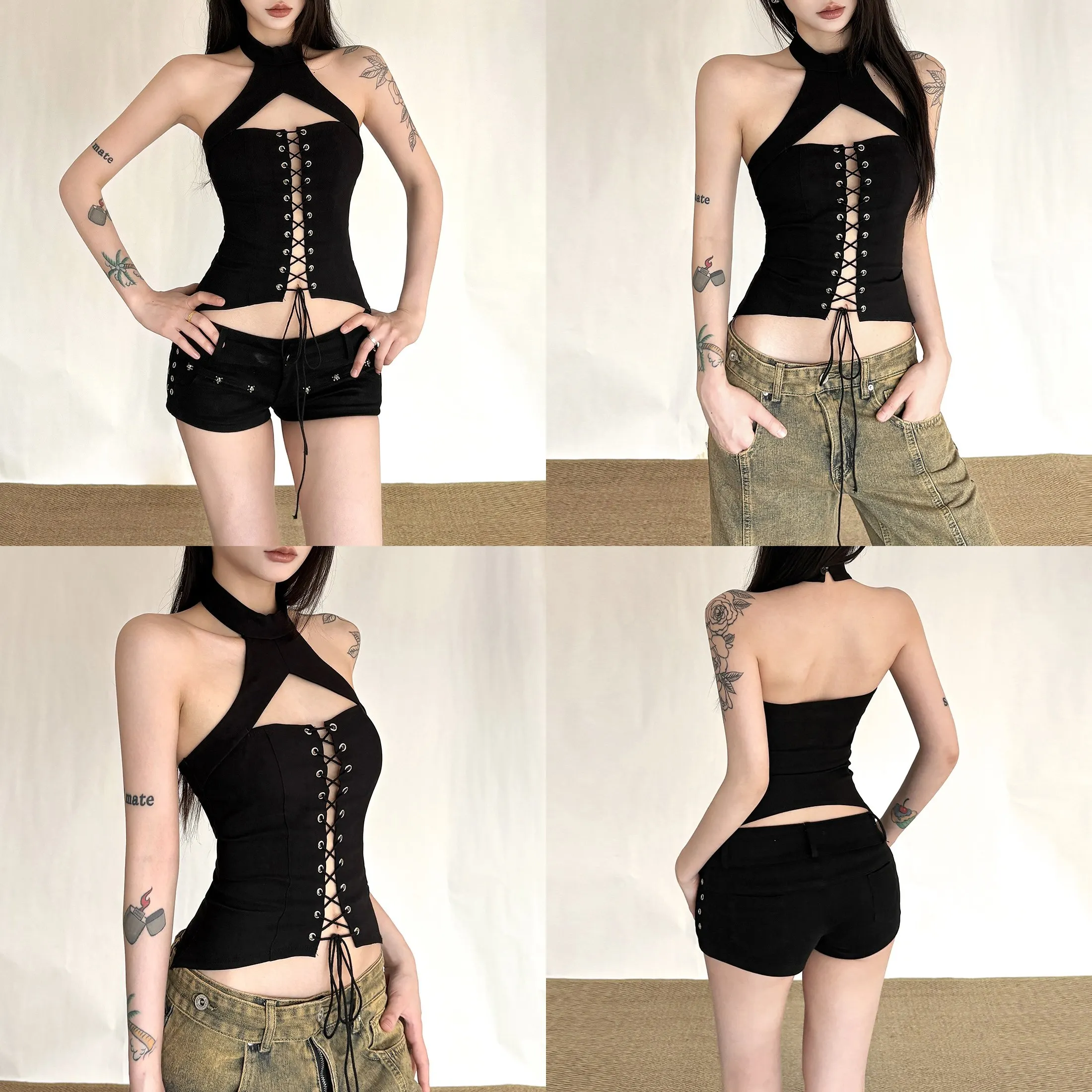 Retro Sexy Backless Sleeveless Tie Blouse Top Women Summer Party Dressy Halter Neck Slit Shirt Tee