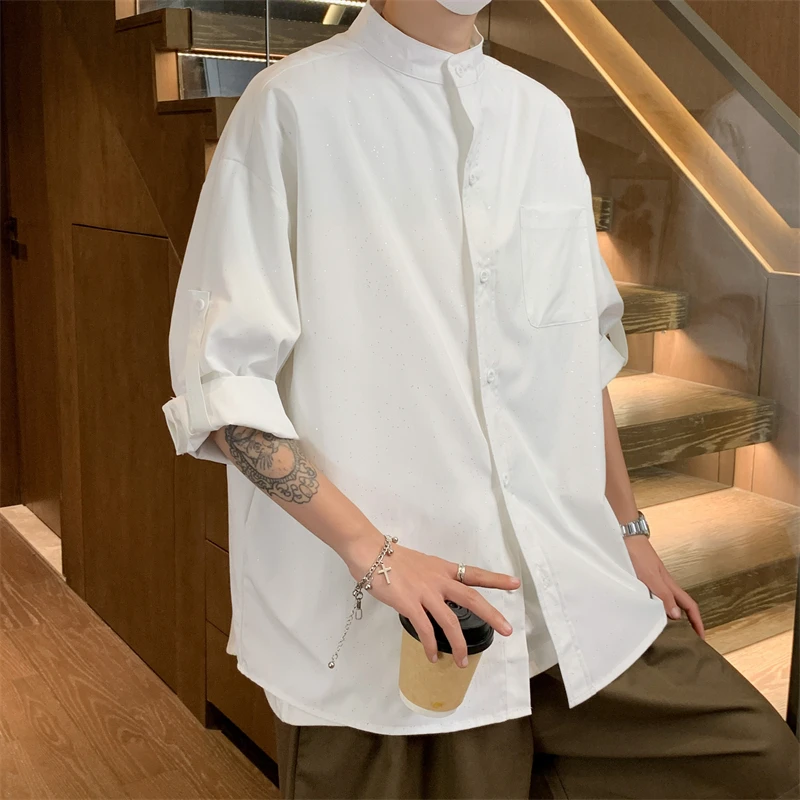 Fashionable Hot Drilling Mid-sleeve Shirt with Youth Stand Collar Street Trend Upper Garment, Stage Costume