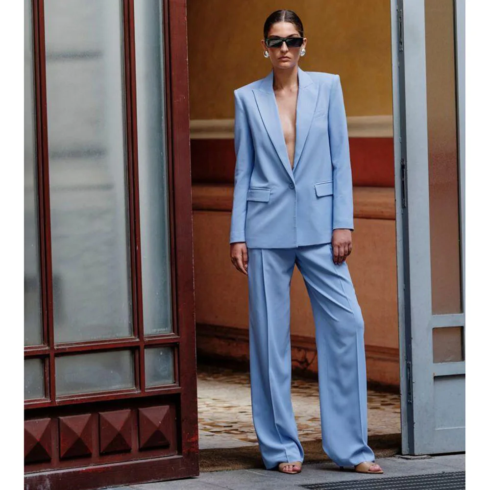 

Baby Blue Women Suits High Quality 2 Pieces Jacket Pant One Button Loose Fashion Formal Occasion Female Clothing 2025 Classic