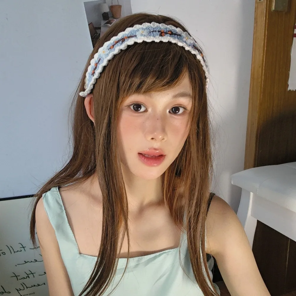 

Embroidered Knitted Flower Headband Soft Sweet Crochet Hair Band Thin Woolen Yarn Pastoral Style Hair Band