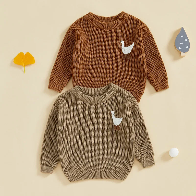 

RUEWEY 0 to 18 Months Baby Boy Girl Knit Sweater Autumn Winter Clothes Goose Embroidery Crew Neck Long Sleeve Pullover Tops