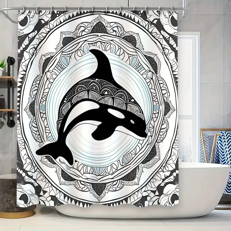 ستارة دش مزخرفة تتميز باللون الأسود والأبيض Orca Whale Artwork مثالية لديكور الحمام الحديث مقاس 72 × 84 بوصة (1-5 أعمال