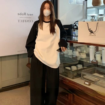 HOUZHOU 여성용 캐주얼 코튼 티셔츠, 오버사이즈 기본 긴팔 티셔츠, 한국 패션, 빈티지 패치워크 티, 올 매치