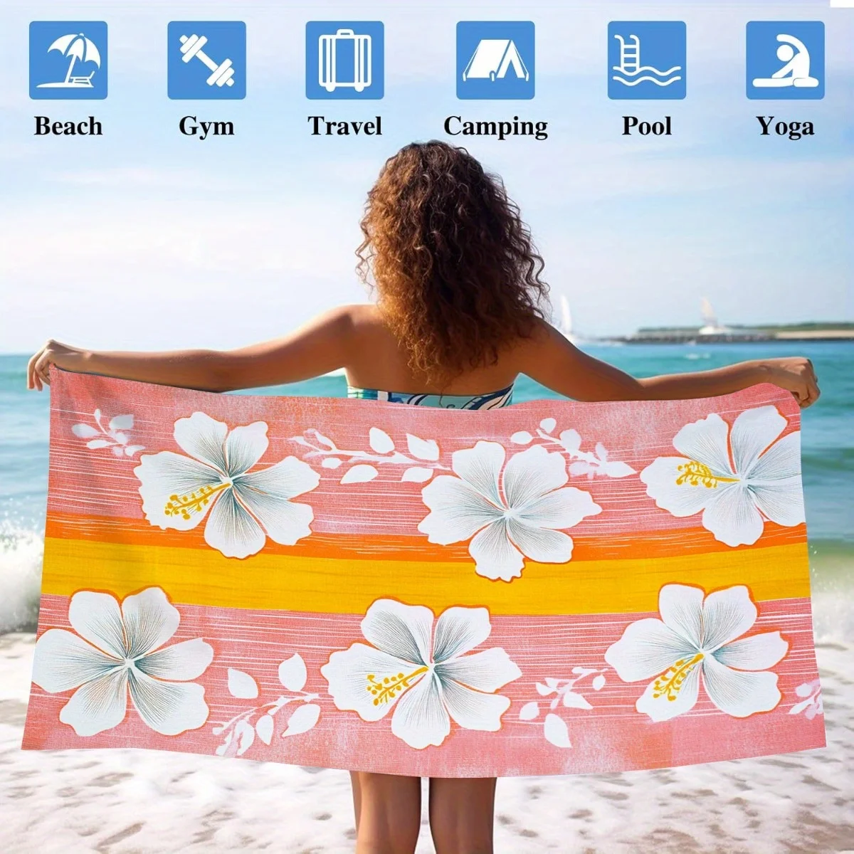 Ultra-Fine Fiber Beach Bath Towel Plush White Hibiscus Flower Palm Leaf Design on Peach Coral Pink Mustard Yellow Quick-Dry