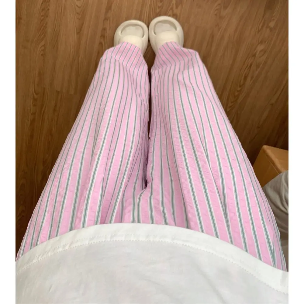 عارضة الصيف سروال مخطط فضفاض تنفس واسعة الساق عالية الخصر التجفيف السريع الصيف السراويل النساء فتاة