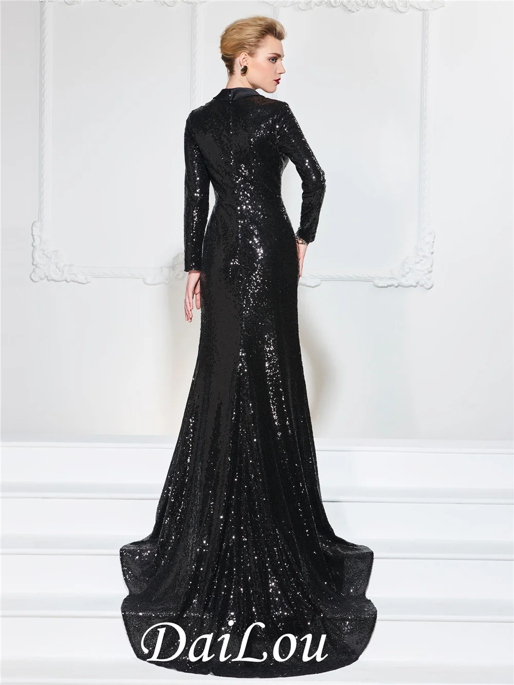 V-Neck Mermaid Court Train Long Sleeves Zipper-Up Floor-Length With Sequins Evening Dress 2022