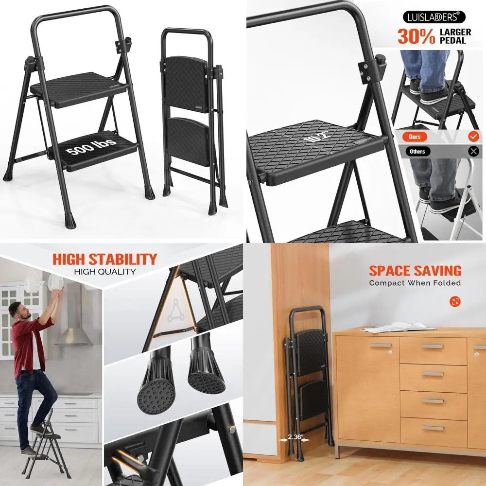 مقعد قابل للطي بخطوتين مع مشابك واسعة مضادة للانزلاق، سعة 500 رطل، خفيف الوزن ومحمول