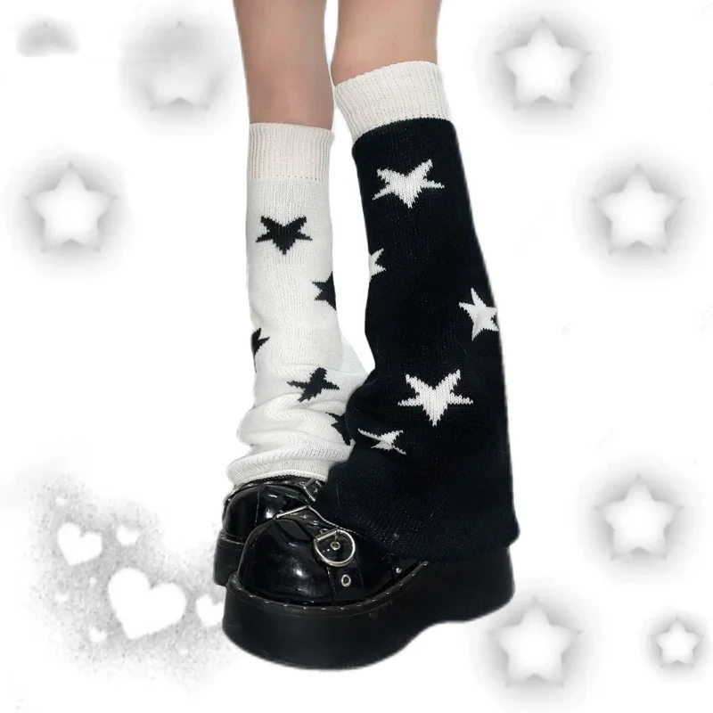 Hikigawa Chic Fashion Women Autumn Winter Japanese Black Whiter Stars Knitted Leg Warmers Y2k Contrast Color Pile Up Socks Mujer