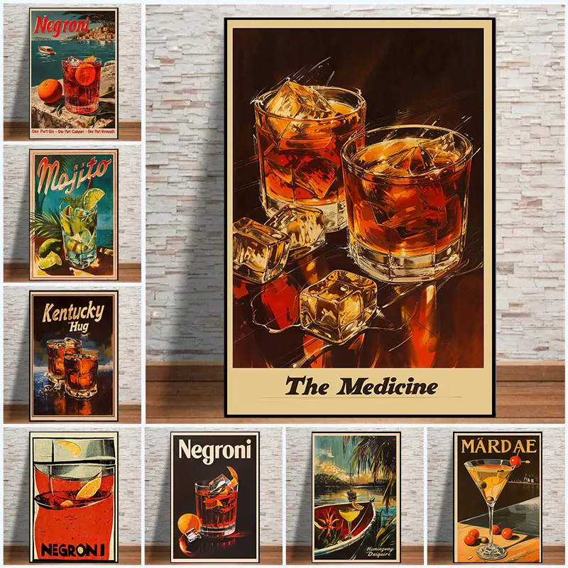 Classic Negroni Cocktail Poster Whiskey Mojito Vintage Alcohol Bar Wall Art Canvas Painting Nostalgic Bourbon Mixology Decor