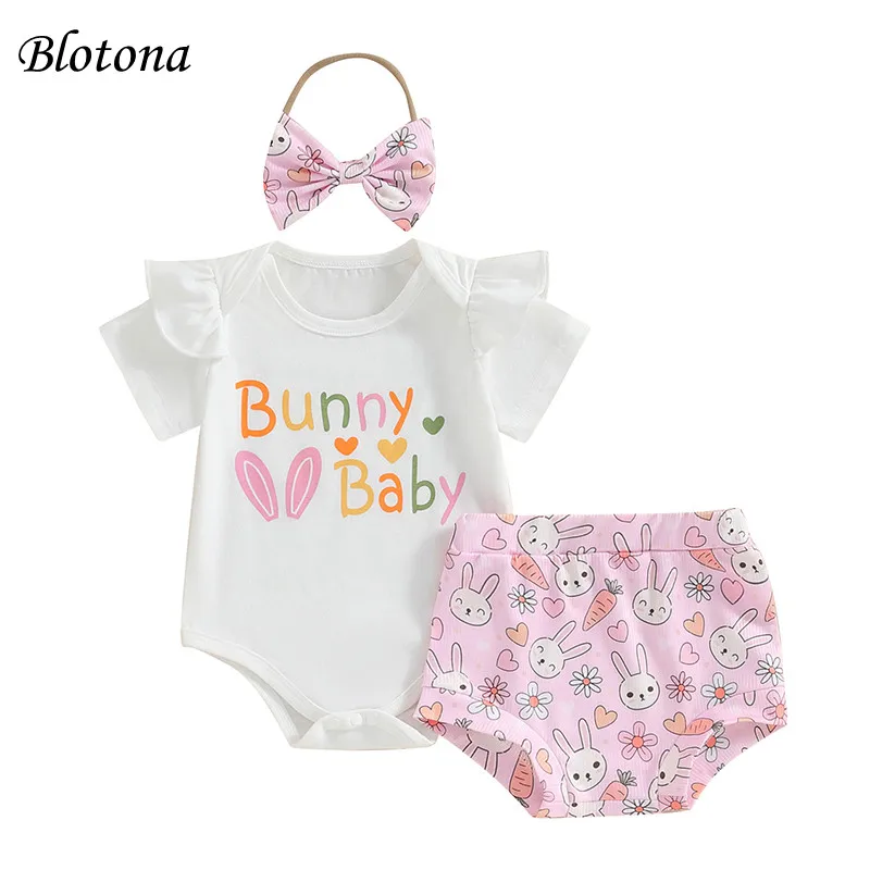 

Blotona Baby Girls Easter Shorts Set, Short Sleeve Letter Print Romper with Rabbit Print Shorts and Hairband Summer Outfit 0-18M