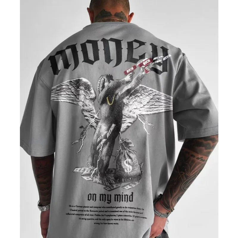 Summer Hot Selling Trendy Men's Loose Fitting T-shirt Money Angel Print Short Sleeved Muscular Round Neck Pure Cotton Top