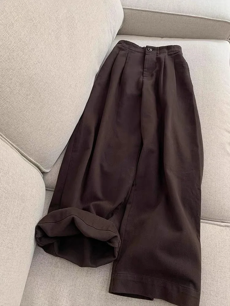 

Прямые широкие брюки с высокой талией, женские повседневные брюки кофейного цвета в стиле ретро, утягивающие бедра, универсальные осенние брюки для отдыха