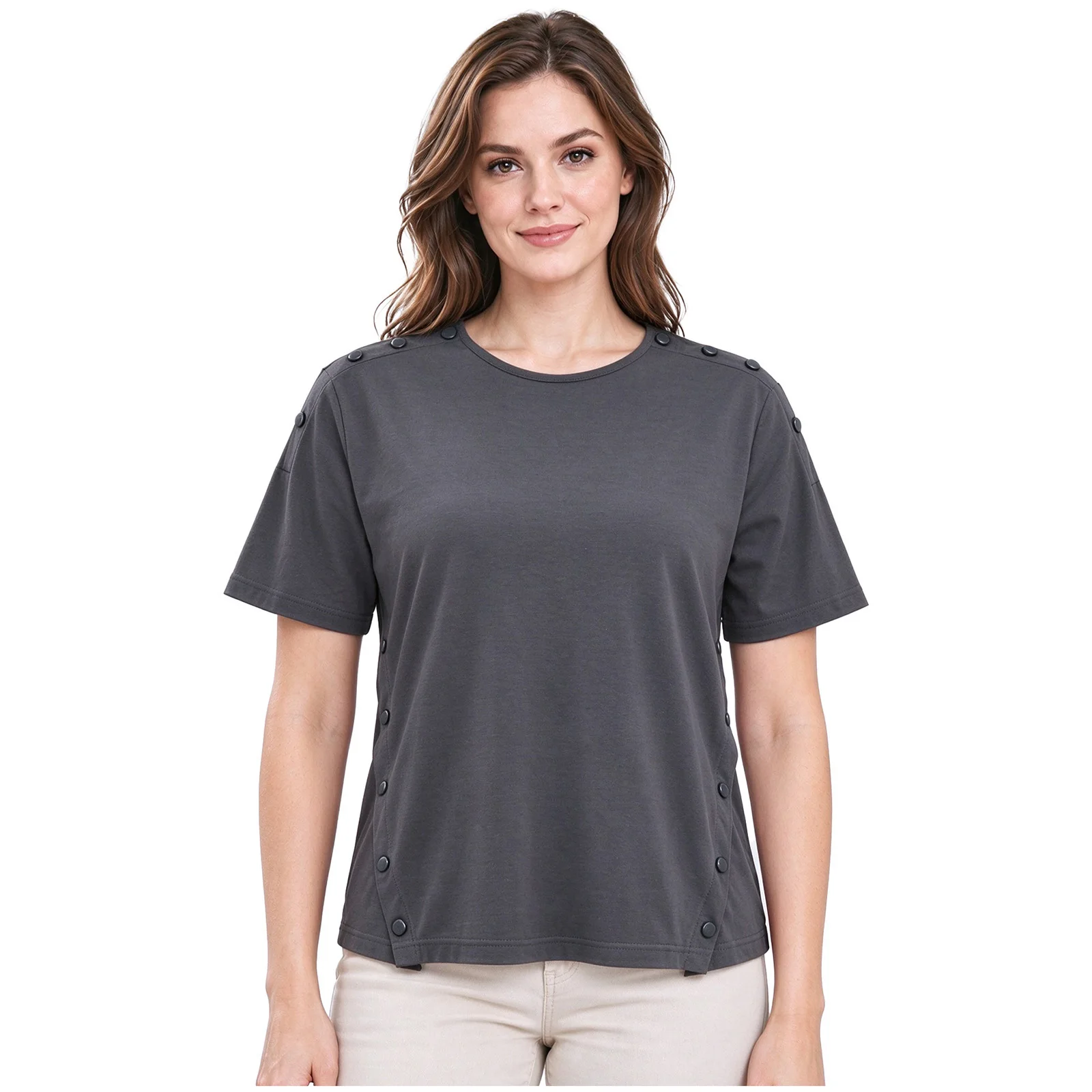 Women Adaptive Top Round Neck Short Sleeve Press Buttons Shoulders Sides Top for Nursing Home Post-operative Recovery