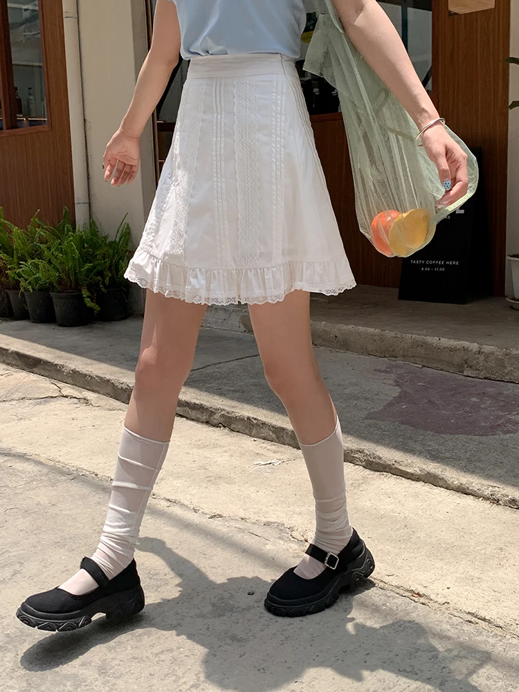 

Ele White Lace Trim High Waist Skirt Women's Summer Slim A-Line Skirt ort Skirt Small Stature f Skirt