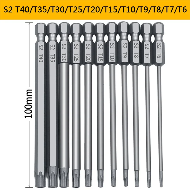 11Pcs 75/100mm S2 Alloy Steel Torx Screwdriver Bits Tool Set 1/4 Hex Torx Socket Set Handle Tools Electric Screw Driver Set