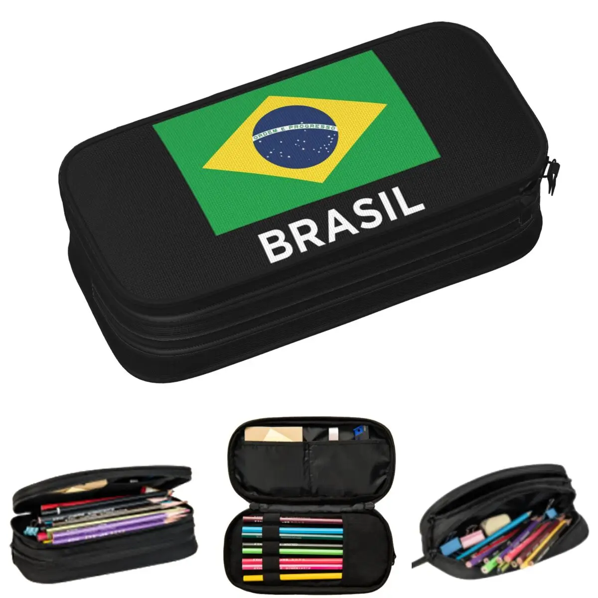 Federmäppchen mit Brasilien-Fußballmannschaft und brasilianischer Flagge, für Studenten, Geschenke, Stiftbox, Bleistiftbeutel, großes Aufbewahrungsbeutelchen