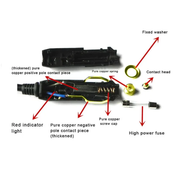 12 V-24 V รถปลั๊กไฟแช็กทนอุณหภูมิสูงพร้อมฟิวส์ 20A พร้อม LED สําหรับเครื่องดูดฝุ่น Inflatable ปั๊มปลั๊ก