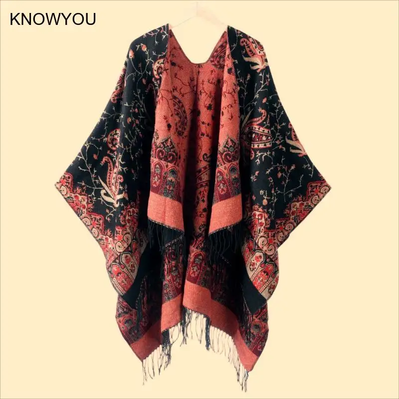 

Винтажная шаль в этническом стиле, жаккардовый шарф с цветочным принтом, длинные кисточки, пашмина, женская и мужская куртка, одеяло, зима-осень, пончо, мантилья
