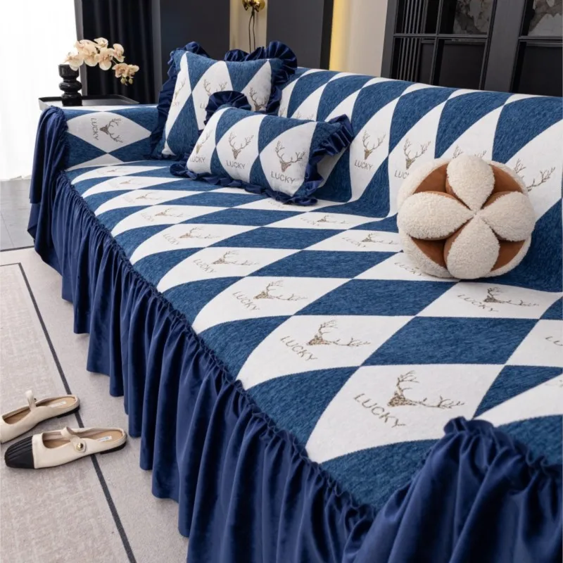 

2025 Autumn Universal Chenille Sofa Cover French Ruffled Edge Mats Aesthetic Anti-Slip Cooling Color Block Couch Cushion Mats