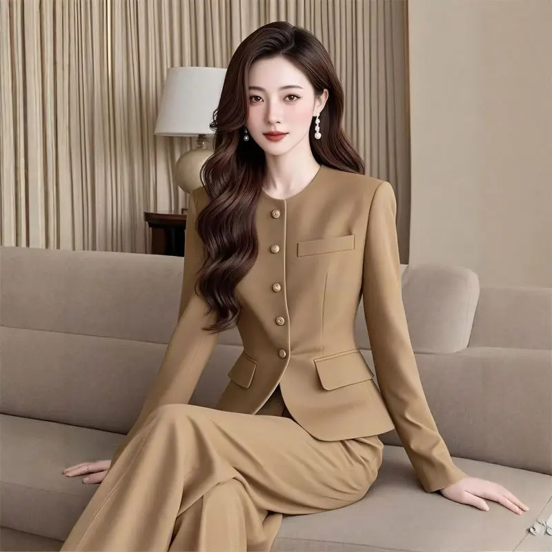 

New High Quality Office Lady Elegant Women's Suit Fashion O-neck Long Sleeve Slim Blazer Jacket + Wide Leg Pants Two Piece Sets