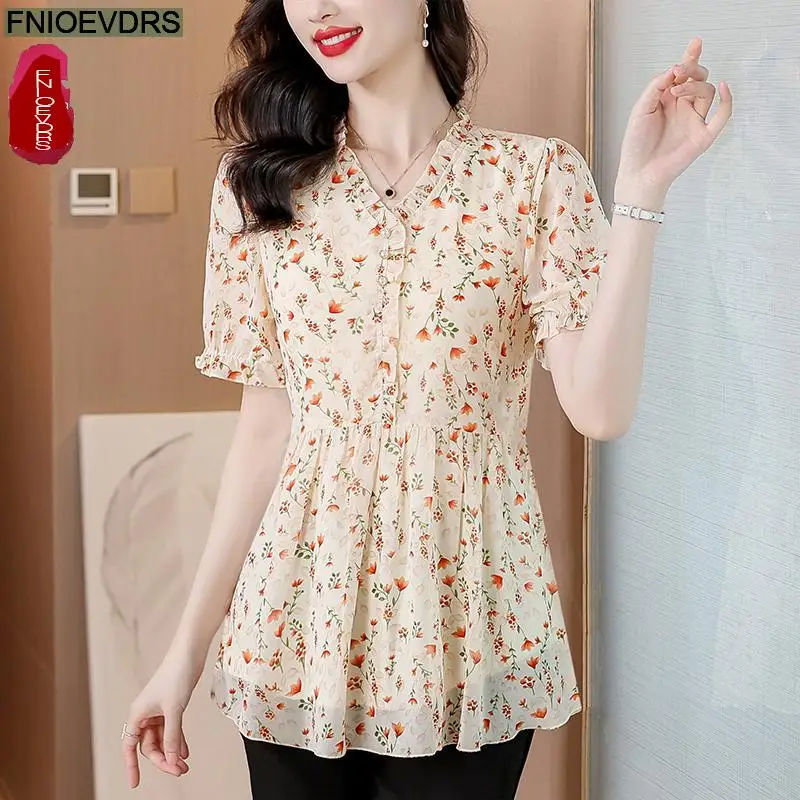 M-4XL Loose Clothes 2024 Summer Ruffles Tops Short Sleeve Women Basic Wear Office Lady Flower Floral Print Peplum Shirts Blouses