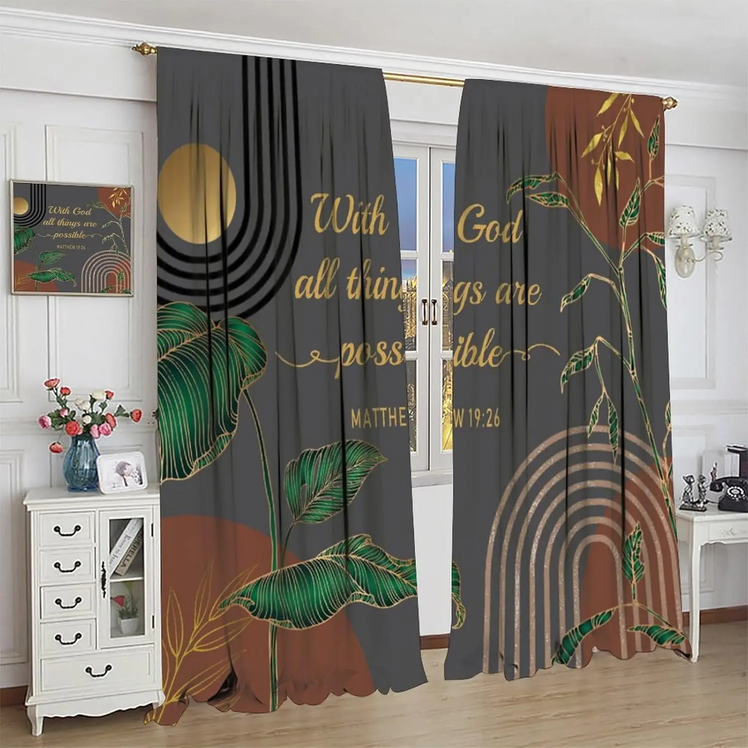 Boho Bible Verse Brown Curtains Christian Inspirational Scriptures Quotes Window Treatment for Kitchen Living Room Abstract