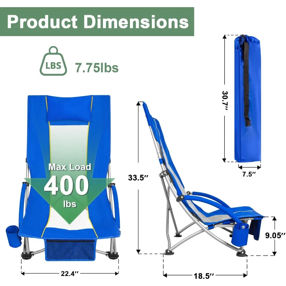High Back Beach Chair, Compact Lightweight Low Seat Camping Chair, Fits in Suitcase, 400lbs Heavy Duty Oversized Customized