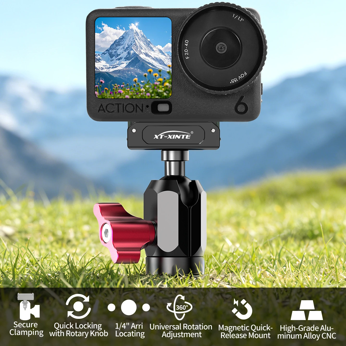 17mm Kugelkopf Magnetische Schnellverschluss-Halterung für DJI Osmo Action 6/5/4/3/Nano 360 ° Verstellbare Klemme 1/4" ARRI-Befestigung – Detail 2