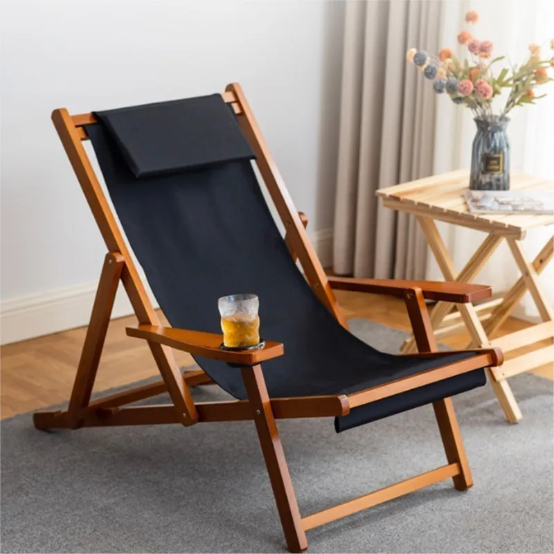 DZ Outdoor Beach Folding Chair Solid Wood Foldable Leisure Chair Adult Chair Napping Chair Reclining Chair Canvas Balcony Chair