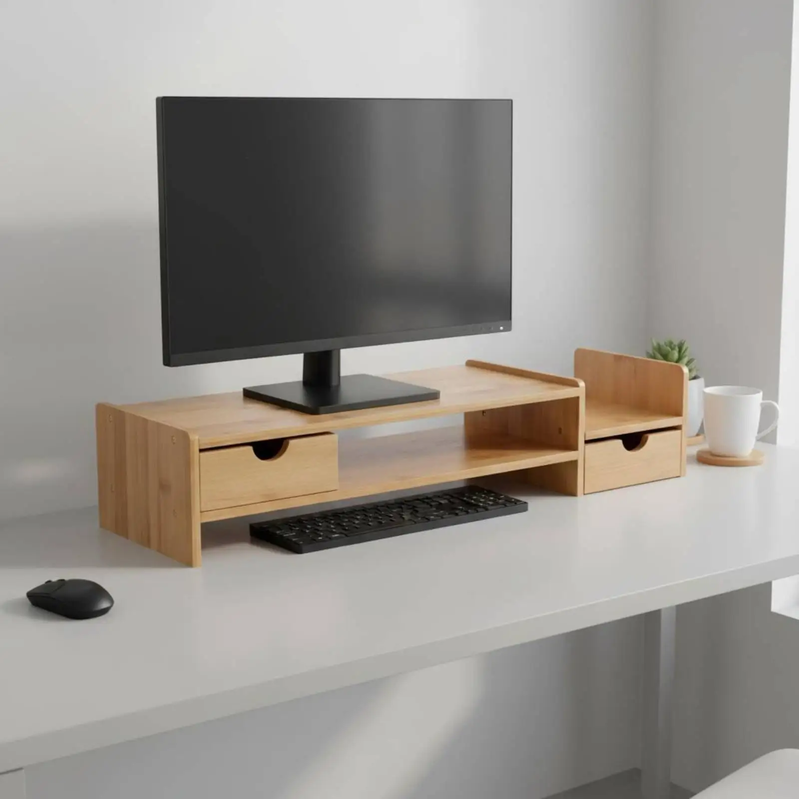 Bamboo Screen Riser Multi-Functional Bamboo Screen Stand with Drawer Space Saving Desktop Computer Shelf for Study Room
