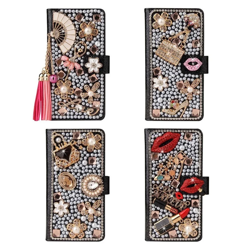 Diamond Kiss Lipstick High Heel Flower Wallet Card Slot Leather Case Cover For iPhone 16 15 14 13 12 11 Pro X XS Max XR Plus