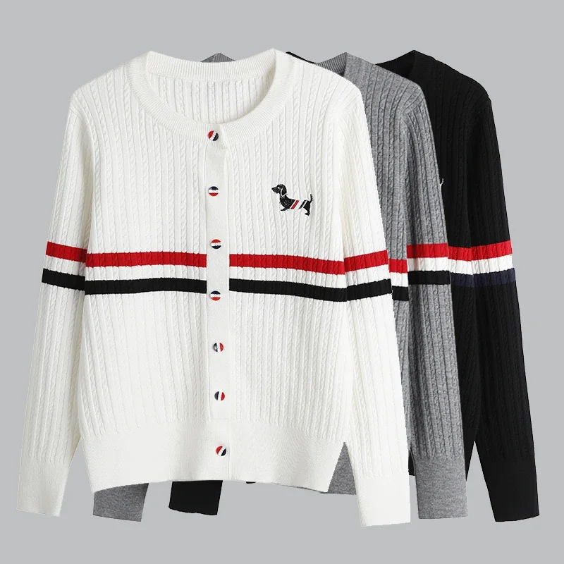 New Autumn Winter Cardigan Women Twist Knitted Long Sleeve Single Breasted Puppy Embroidery Slim Stripe Outwear Fashion Knitwear