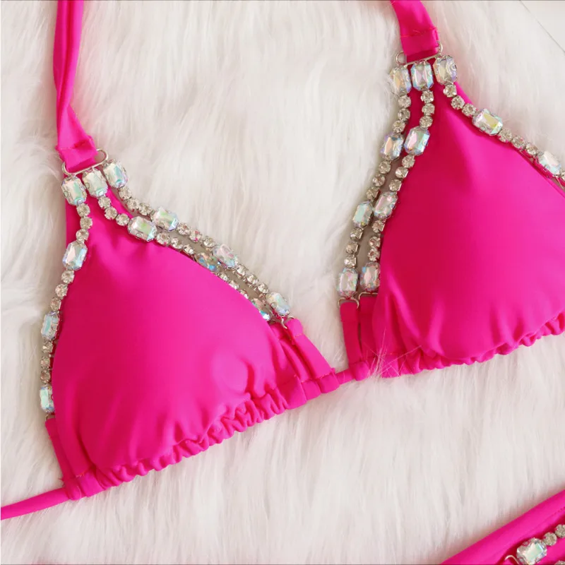 Costume da bagno Bikini Sexy rosso rosa con strass costumi da bagno donna Bikini Push Up femminile costumi da bagno da spiaggia costumi da bagno