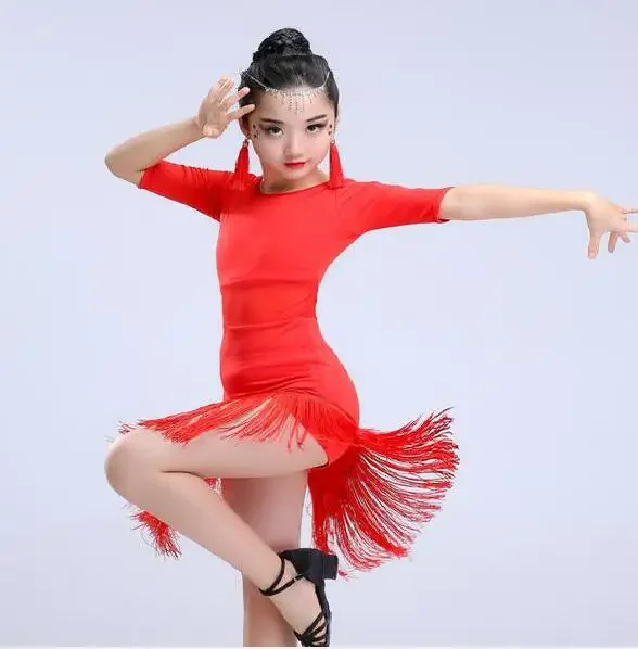 Vestido de baile latino para niñas, ropa de baile latino con flecos, disfraz de Salsa, vestidos de Tango de salón, negro y rojo, 1 unidad por lote