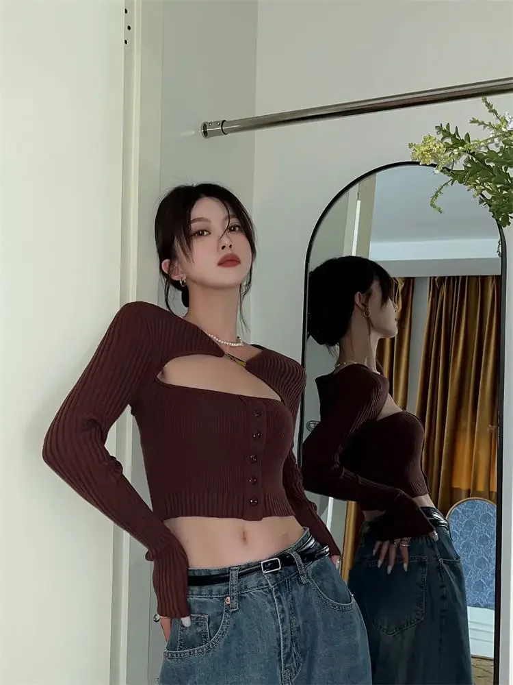 2024 New Hollow Knitted Cardigan Women Summer Fashion Slim Long Sleeve Y2k Cropped Tops Woman