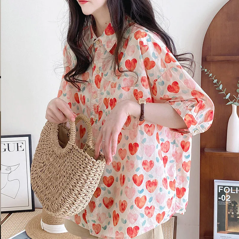 Summer POLO Collar Fashion Printing Shirt Women High Street Casual Loose Button Pockets Cardigan Korean Style Pure Cotton Tops